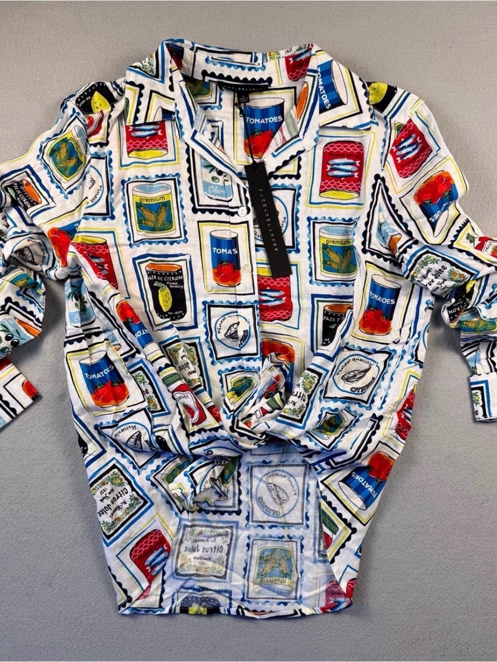 Button Front Shirt with Colorful Can & Stamp Print - Picture 1 of 3